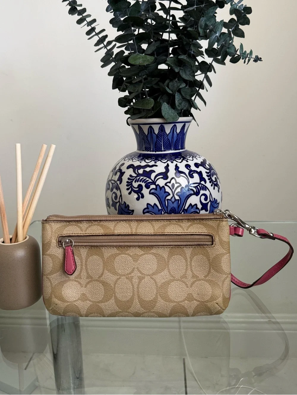 Coach Khaki Signature Canvas Wristlet with Pink Trim